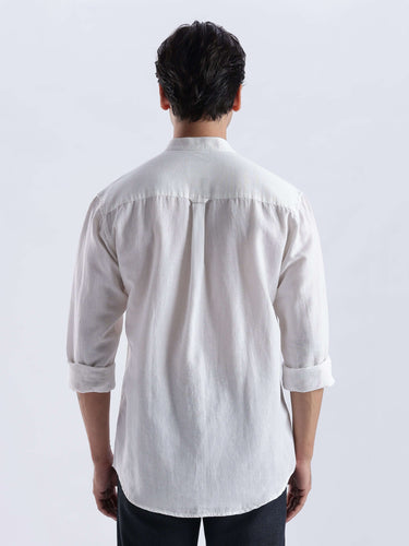 Back view of a man wearing the White Wolf 2.0 linen shirt, featuring premium water proof, anti odour, and anti stain properties.