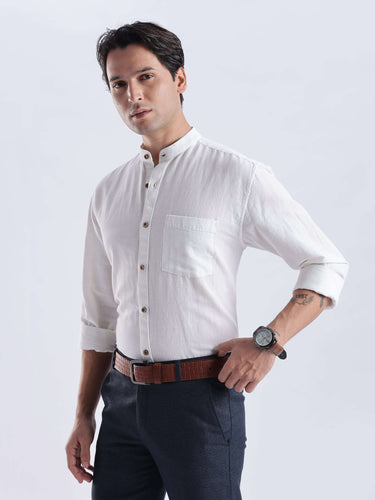 Model showcasing the White Wolf 2.0 shirt, a premium linen shirt featuring anti-odour, anti-stain, and waterproof properties.