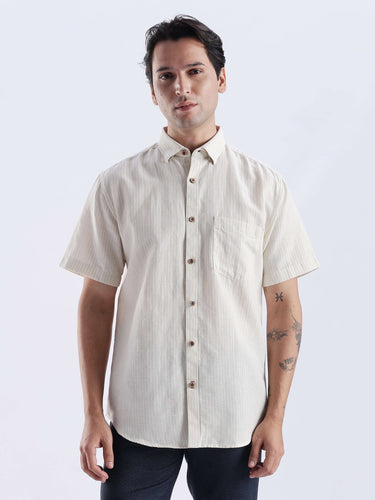 Sandy Glow linen shirt, premium Turms Intelligent Apparel with waterproof, anti-odour, anti-stain features, stylish everyday luxury.