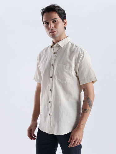 Sandy Glow linen shirt showcasing premium features like waterproof, anti-odour, anti-stain technology for everyday luxury.