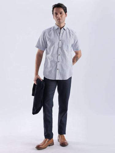 Jordy Blue linen shirt from turms intelligent apparel, showcasing stylish design and breathable imported fabric.