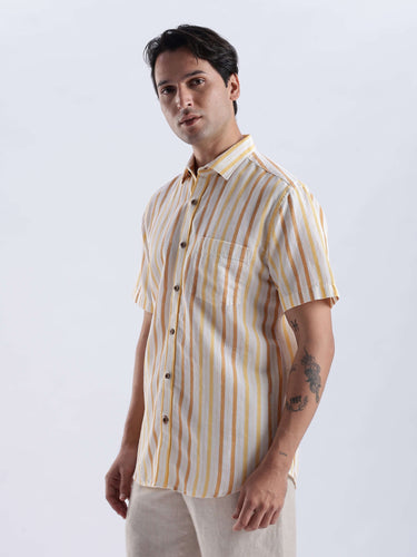 Golden Charm linen shirt from turms intelligent apparel in yellow and white stripes, breathable and durable.