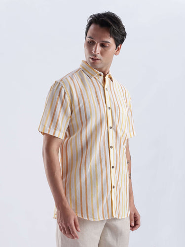 Golden Charm linen shirt from turms intelligent apparel in yellow stripes, breathable and anti-odour, perfect for casual wear.