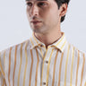 Golden Charm linen shirt from turms intelligent apparel, showcasing breathable fabric in stylish stripes, ideal for everyday luxury.