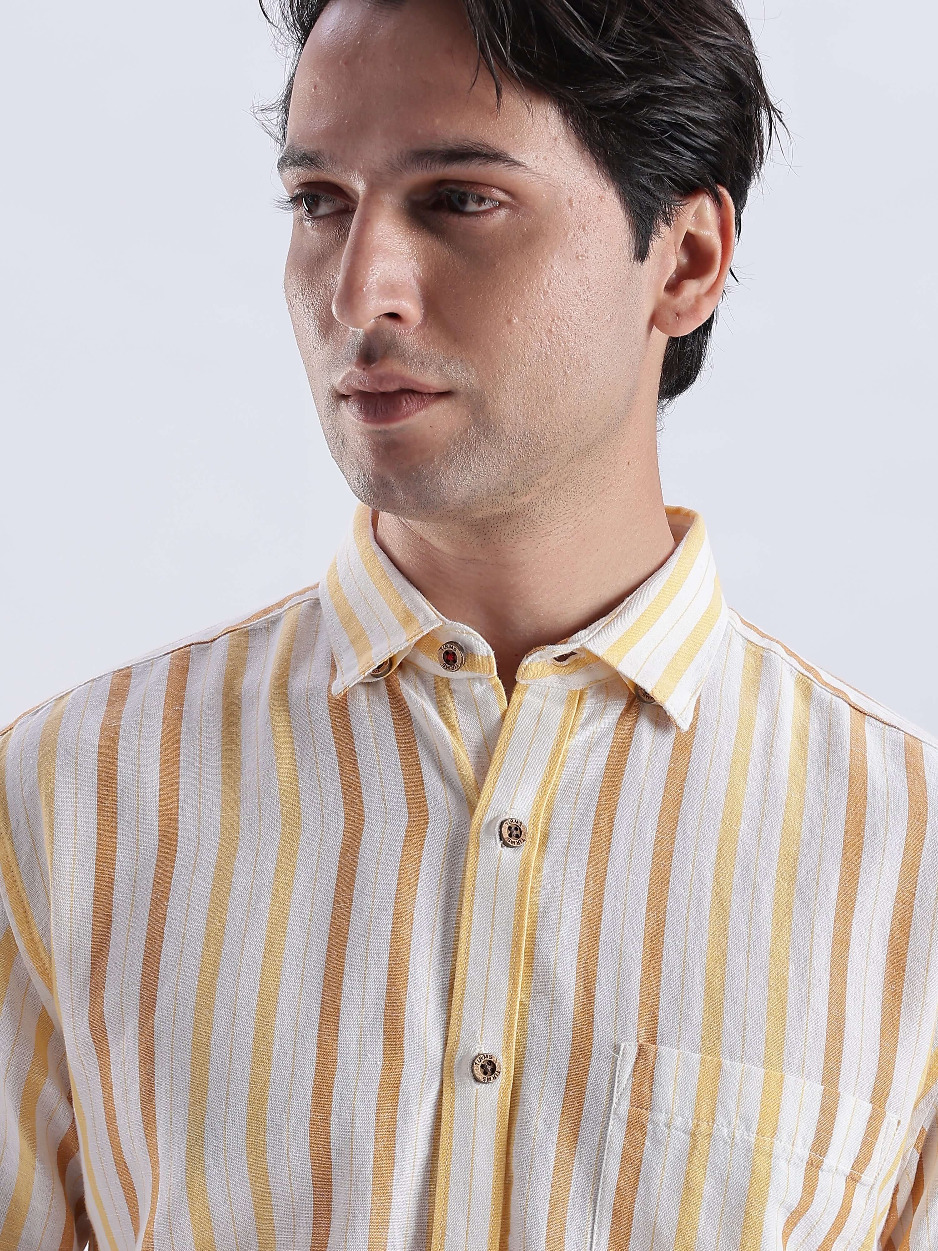 Golden Charm linen shirt from turms intelligent apparel, showcasing breathable fabric in stylish stripes, ideal for everyday luxury.