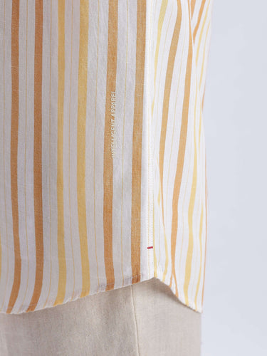 Golden Charm - Linen shirt from Turms Intelligent Apparel with yellow and white stripes, showcasing anti-odour and breathable fabric.