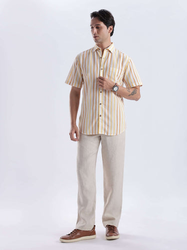 Golden Charm linen shirt from Turms Intelligent Apparel, featuring breathable, anti-stain, and waterproof qualities.