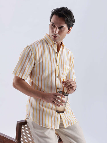 Golden Charm linen shirt from turms intelligent apparel, featuring yellow stripes, anti odour and water proof fabric.