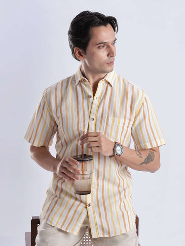 Golden Charm linen shirt from Turms Intelligent Apparel in yellow stripes, anti-stain, waterproof, breathable, imported fabric.