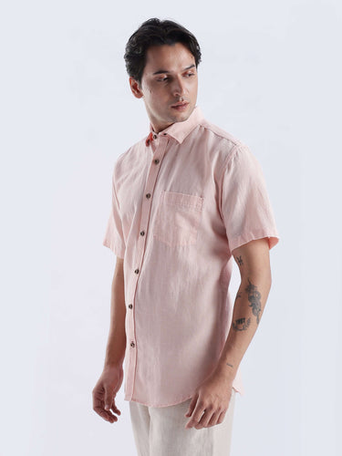 Blushy peach linen shirt from Turms Intelligent Apparel, anti-stain, waterproof, breathable, best linen in India.