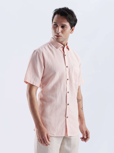 Blushy peach linen shirt from Turms Intelligent Apparel, anti-stain, waterproof, breathable, best linen in India, fast delivery.
