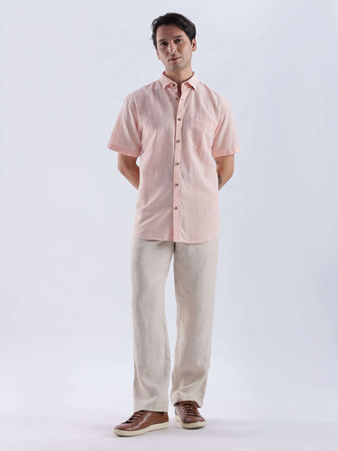 Blushy peach linen shirt from Turms Intelligent Apparel, showcasing anti-stain, waterproof, breathable imported fabric.