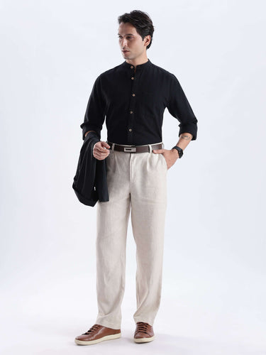 Nocturne Black premium linen shirt from turms intelligent apparel, showcasing effortless style with breathable and water-repellent features.