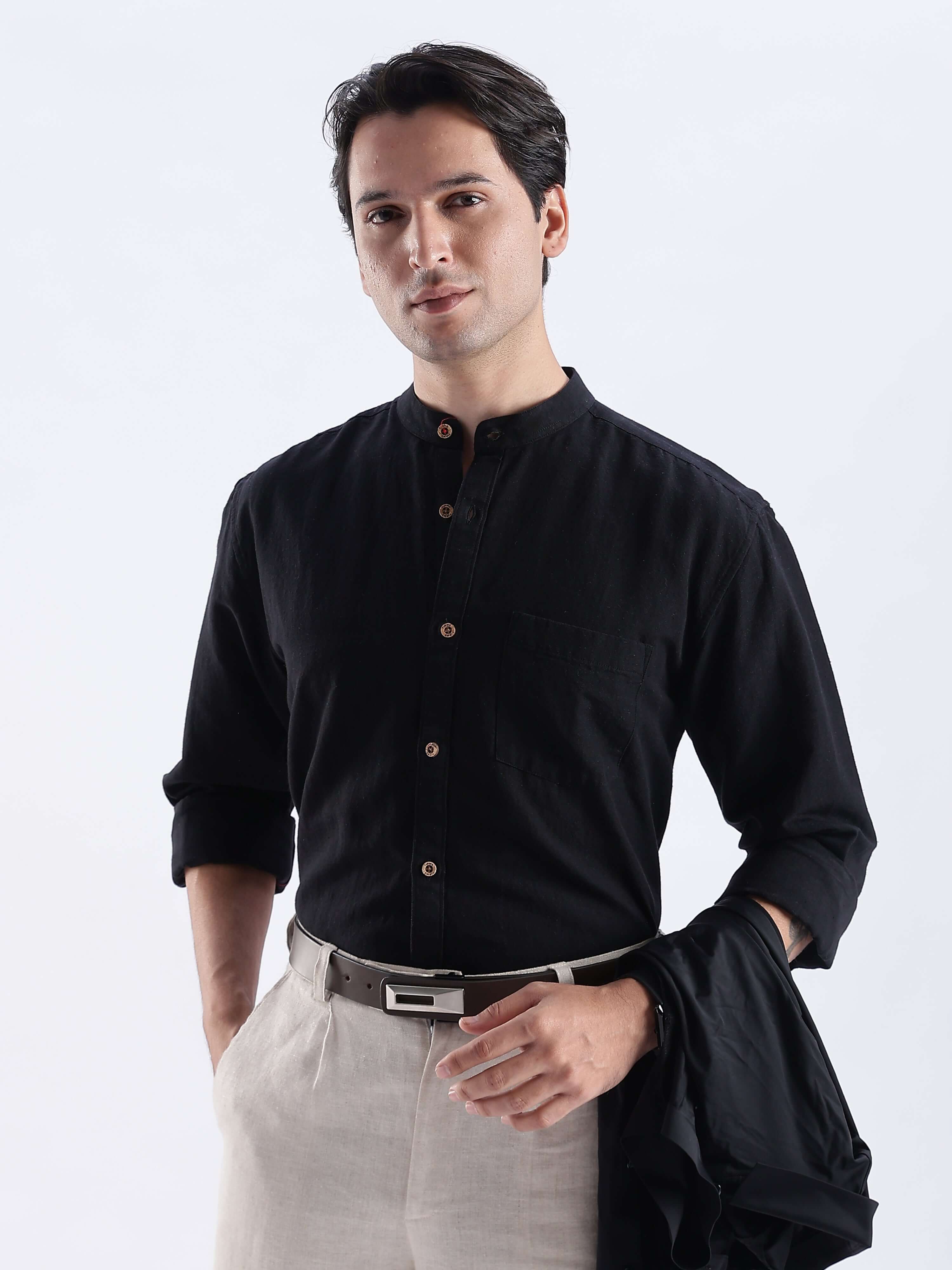 Nocturne Black premium linen shirt from turms intelligent apparel, breathable and stylish for everyday luxury.