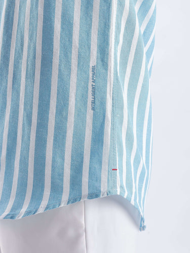 Cerulean Monk premium linen shirt from turms intelligent apparel showcasing blue and white stripes.