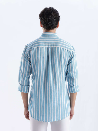 Cerulean Monk back view of a premium linen shirt from Turms Intelligent Apparel, featuring blue stripes.