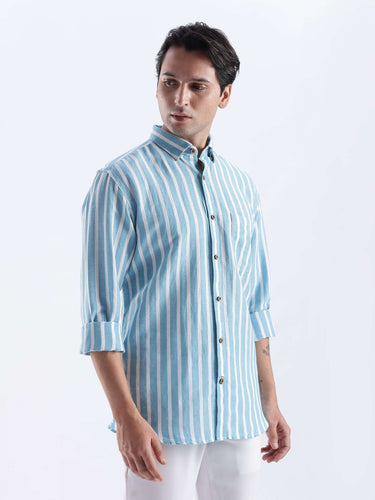 Cerulean Monk shirt, premium linen shirt from Turms Intelligent Apparel, stylish and breathable fabric.