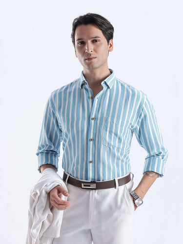 Cerulean Monk premium linen shirt from turms intelligent apparel with white and blue stripes, stylish and breathable.