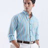 Cerulean Monk - premium linen shirt from Turms Intelligent Apparel with blue striped design, stylish and breathable.