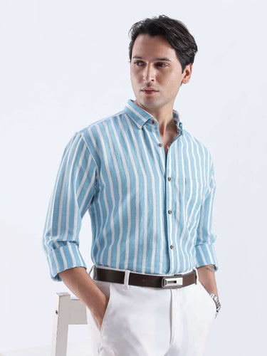 Cerulean Monk - premium linen shirt from Turms Intelligent Apparel with blue striped design, stylish and breathable.