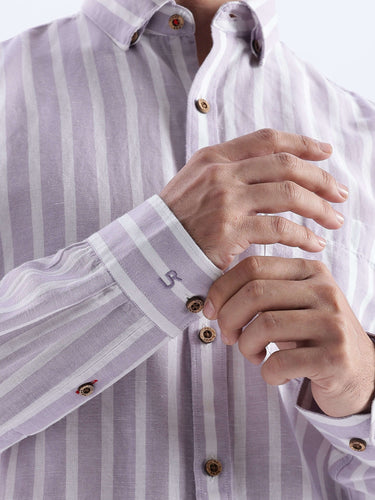 Wild Lavender premium linen shirt from turms intelligent apparel, showcasing stylish stripes and durable design.
