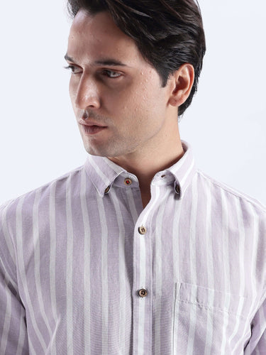 Wild Lavender premium linen shirt from Turms Intelligent Apparel, showcasing elegant striped design and quality fabric.