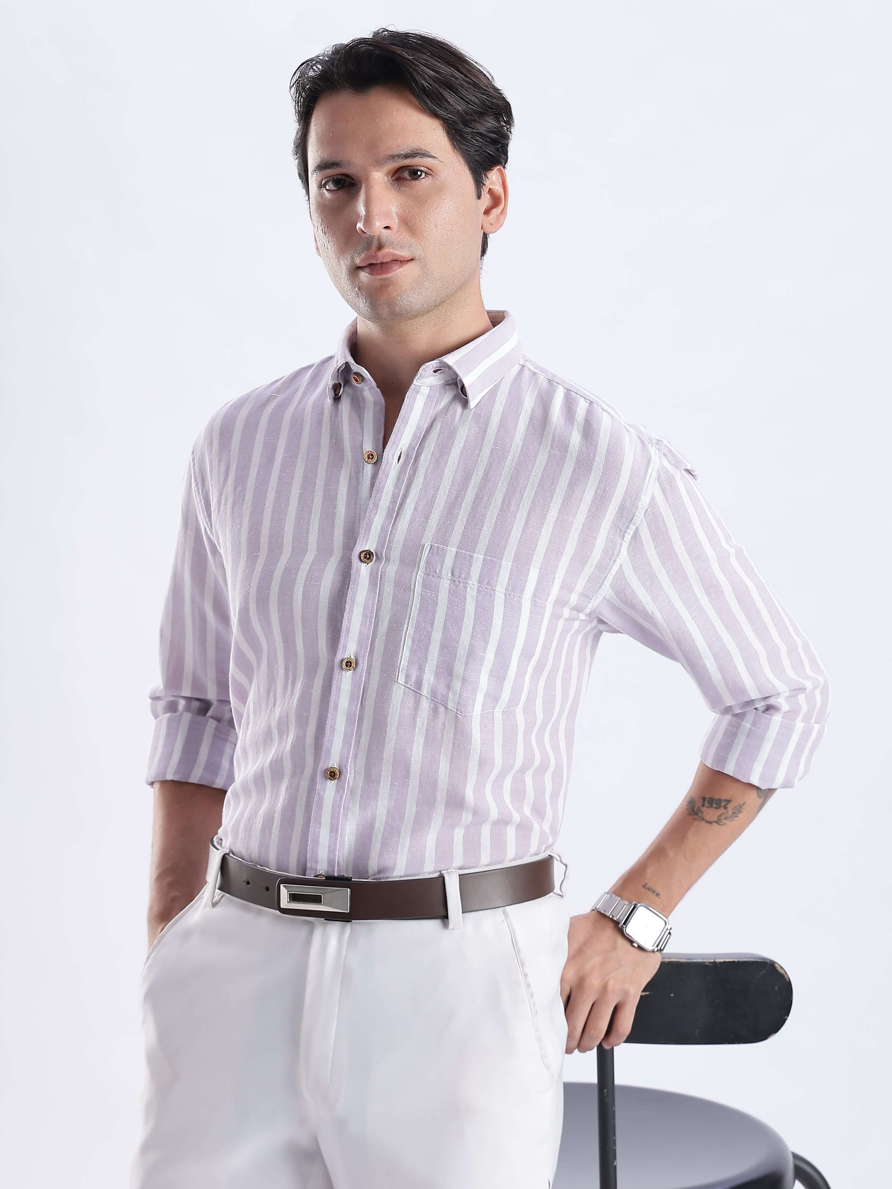 Wild Lavender premium linen shirt from turms intelligent apparel with stylish stripes and a crisp finish.