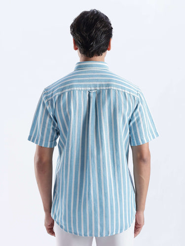 Blue Shore: Back view of Turms Intelligent Linen Luxe Shirt, featuring breathable, anti-stain fabric in stylish blue stripes.