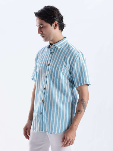 Blue Shore linen shirt from turms intelligent apparel with a striped design, showcasing breathable and anti-odour properties.