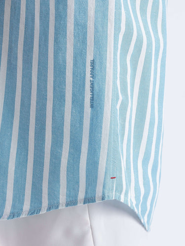 Blue Shore linen shirt from Turms Intelligent Apparel, featuring a stylish blue and white striped design.