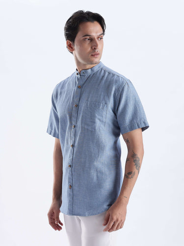 Ocean Mist linen shirt from turms intelligent apparel showcasing breathable style and anti-odour features.
