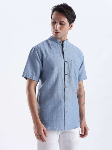 Ocean Mist linen shirt from turms intelligent apparel showcasing imported fabric and breathable design.