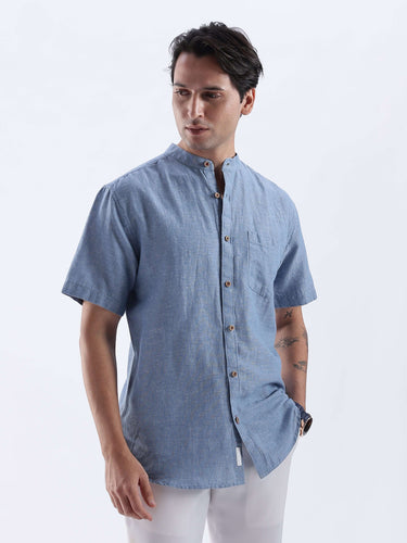 Ocean Mist linen shirt from turms intelligent apparel, showcasing its breathable and anti-odour features.