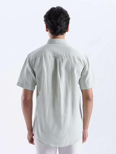 Back view of the Limey Cream linen shirt, showcasing its premium quality, anti-odour and waterproof features.