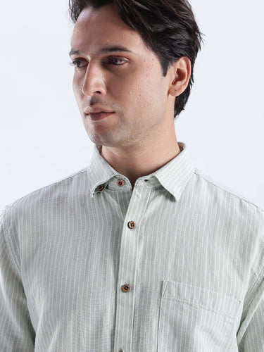 Limey Cream linen shirt showcasing water proof, anti odour, and anti stain properties, premium Turms Intelligent apparel.