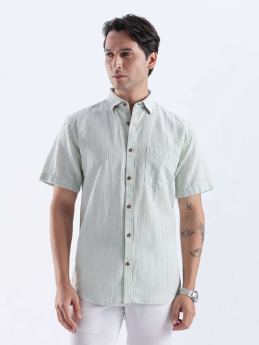 Limey Cream linen shirt showcasing stylish design, premium quality, water proof, anti odour, anti stain features.