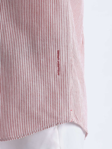 Bordeaux Maroon linen shirt from turms intelligent apparel with unique striped pattern and precision stitching.