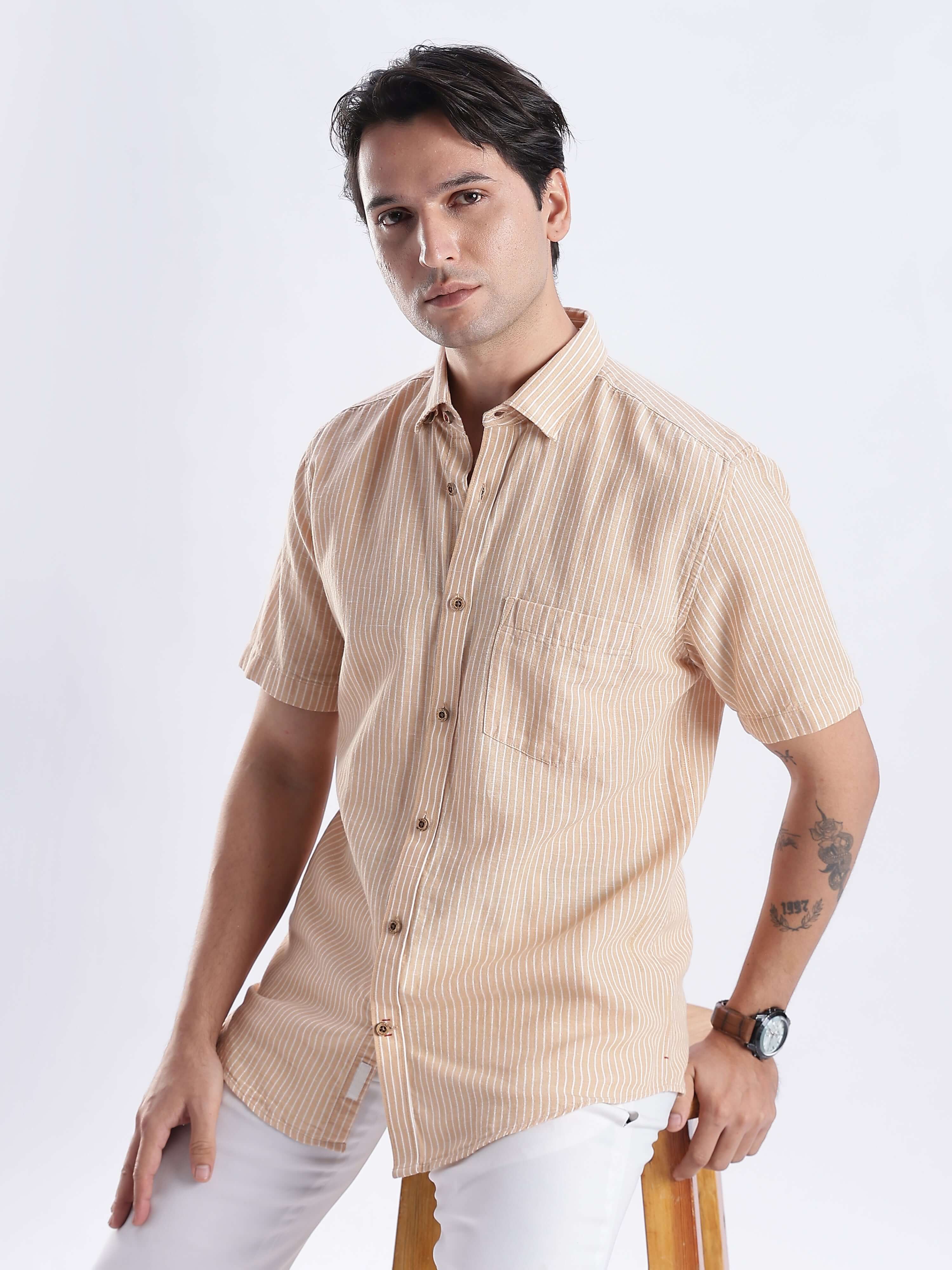 Cinnamon Dream linen shirt, premium fabric with anti-odour and anti-stain features, ideal for stylish everyday wear.