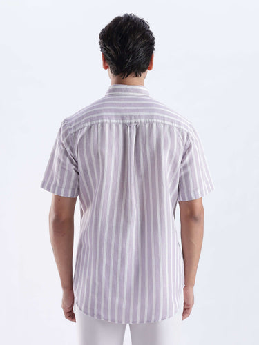 Back view of a Lilac Haze linen shirt from Turms Intelligent Apparel, showcasing breathable, anti-odour features.