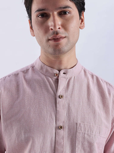 Rusty Petal linen shirt from turms intelligent apparel in pink, showcasing anti stain, water proof, and breathable features.