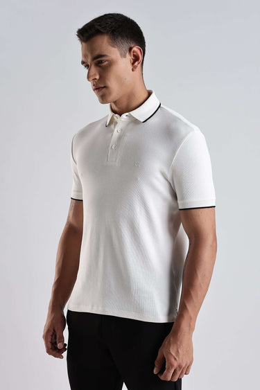 Model wearing White Owl cotton polo tshirt, showcasing premium style and comfort with anti-odour and water proof features.