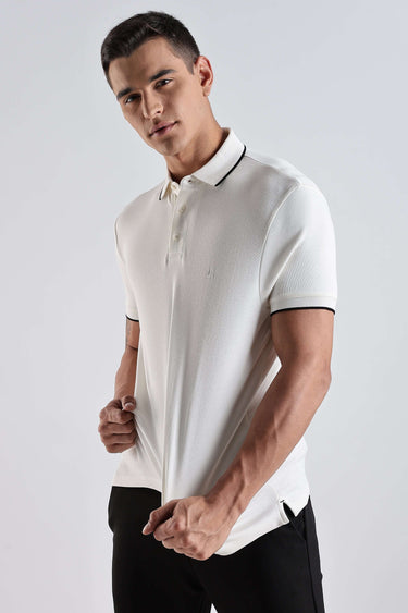 White Owl cotton polo tshirt in white, showcasing premium style and comfort with anti-odour technology.