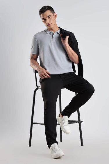Man wearing Magma Grey cotton polo tshirt, showcasing premium style and comfort, perfect for any occasion.