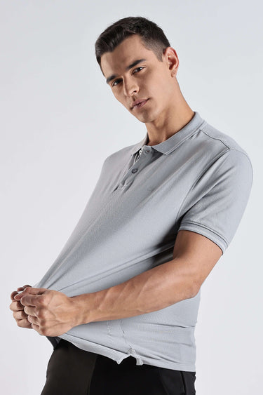 Model wearing Magma Grey cotton polo t-shirt showcasing premium comfort and style.