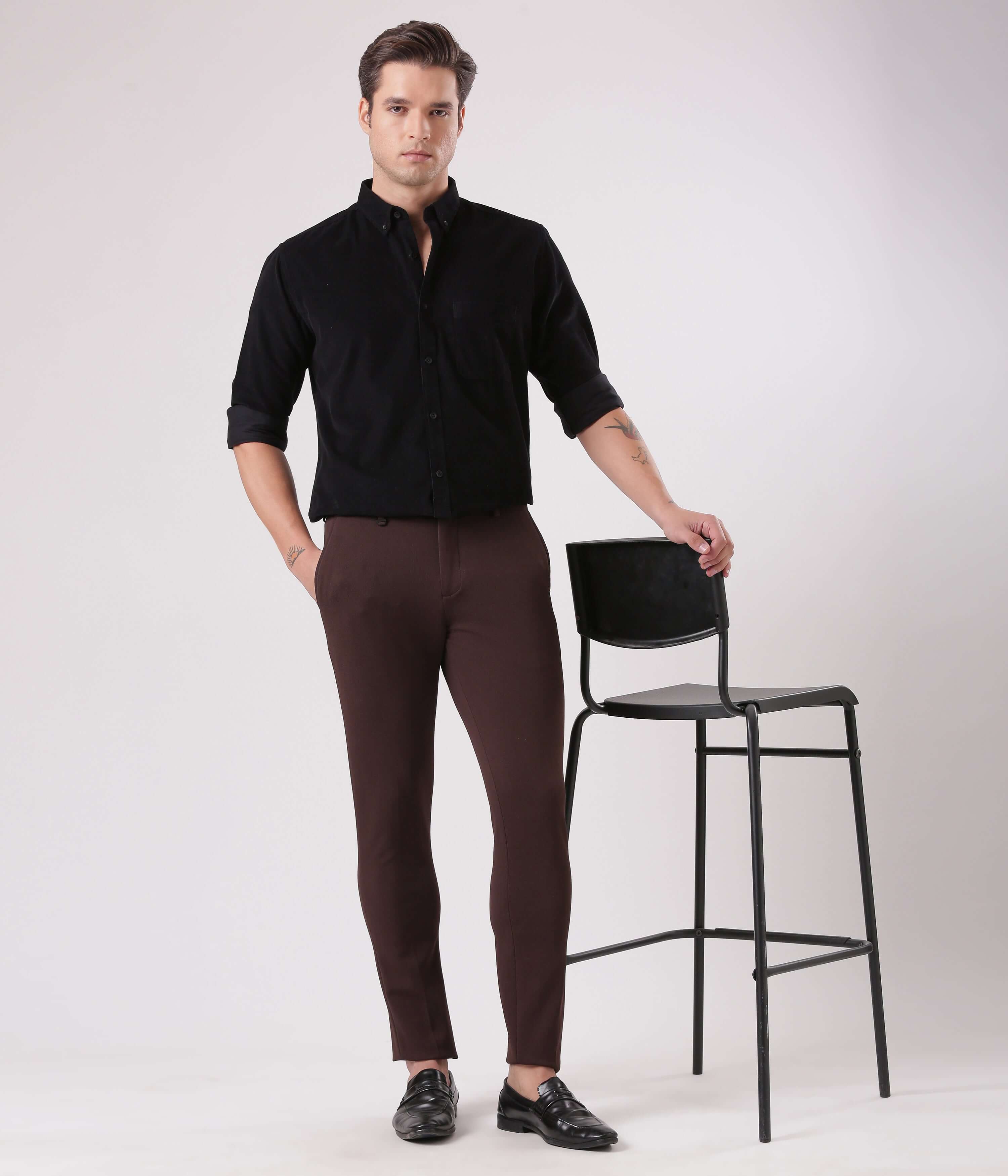 Model showcasing the Black Beauty corduroy shirt from Turms Intelligent Apparel.