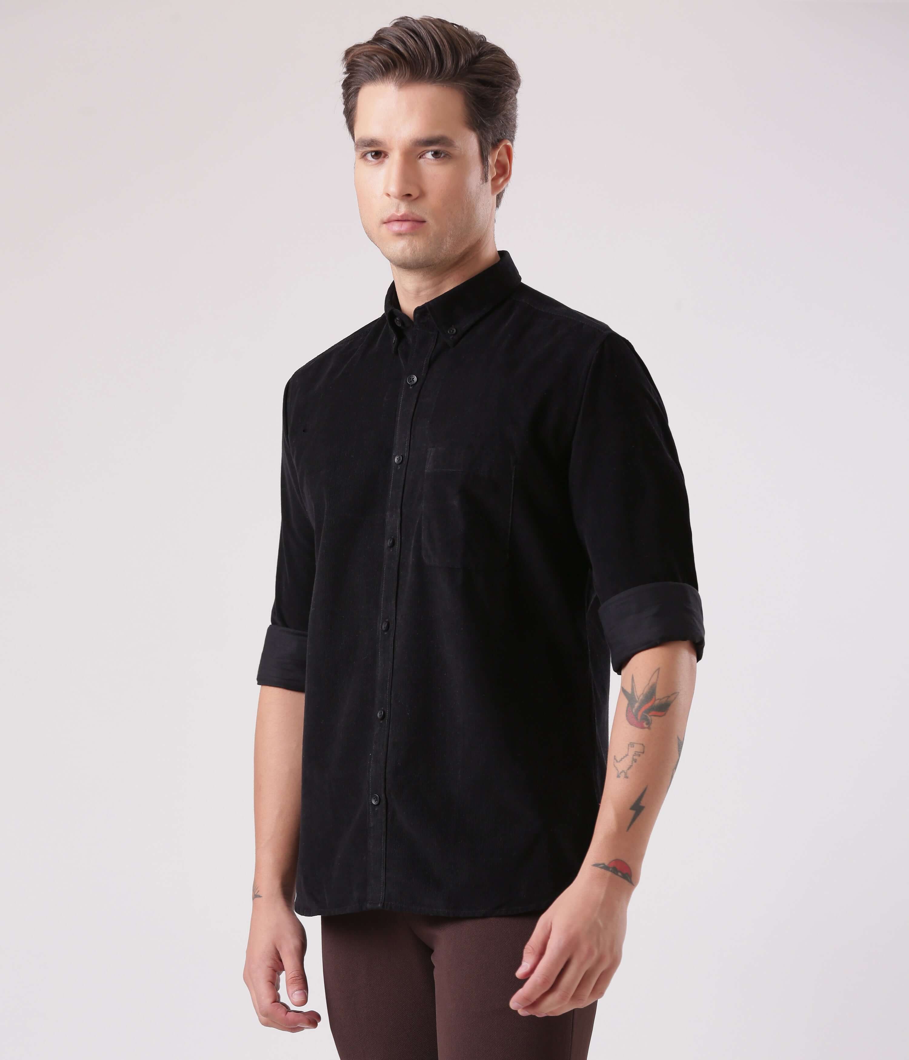 Black Beauty Turms Ultra Luxe Intelligent Corduroy Shirt for men, stylish and durable in black.