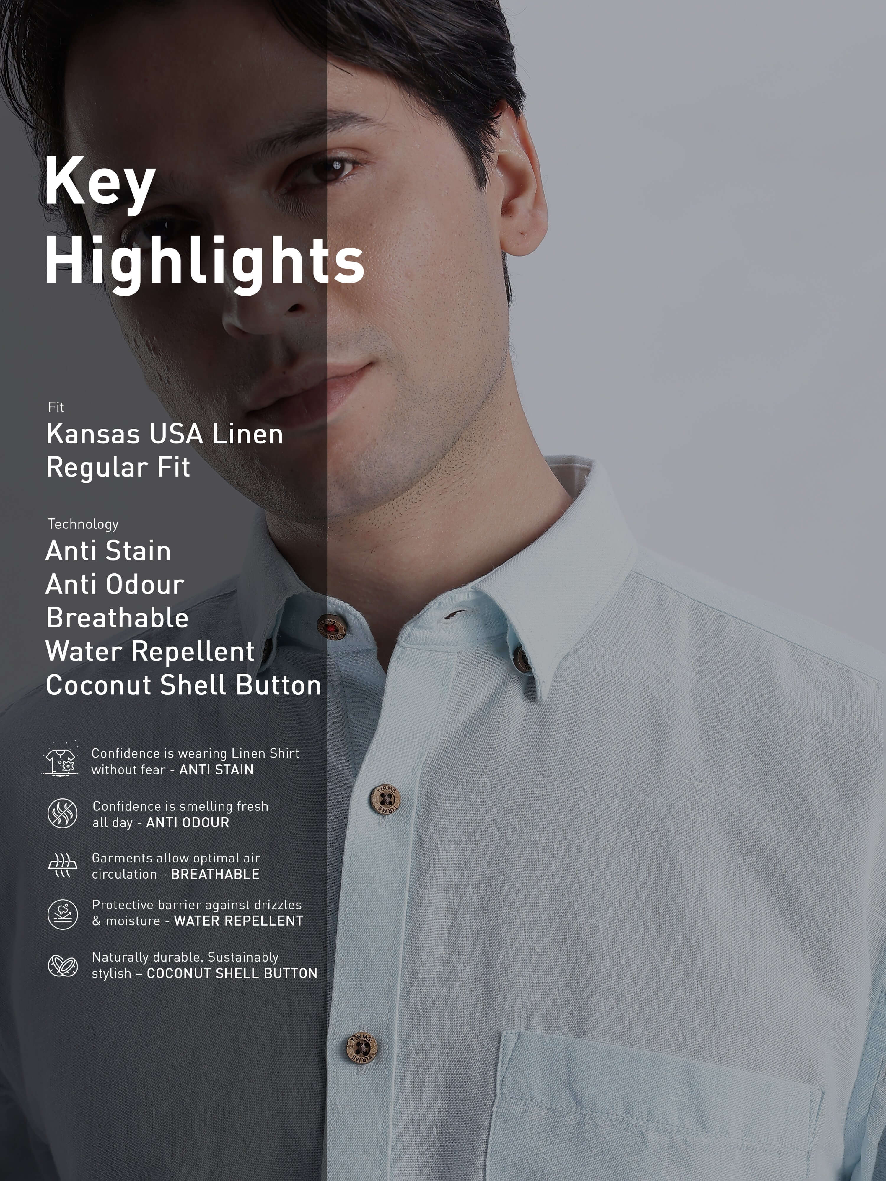 Blue Surf - Anti-stain, breathable linen shirt from Turms Intelligent Apparel, Kansas USA, water repellent with coconut shell buttons.