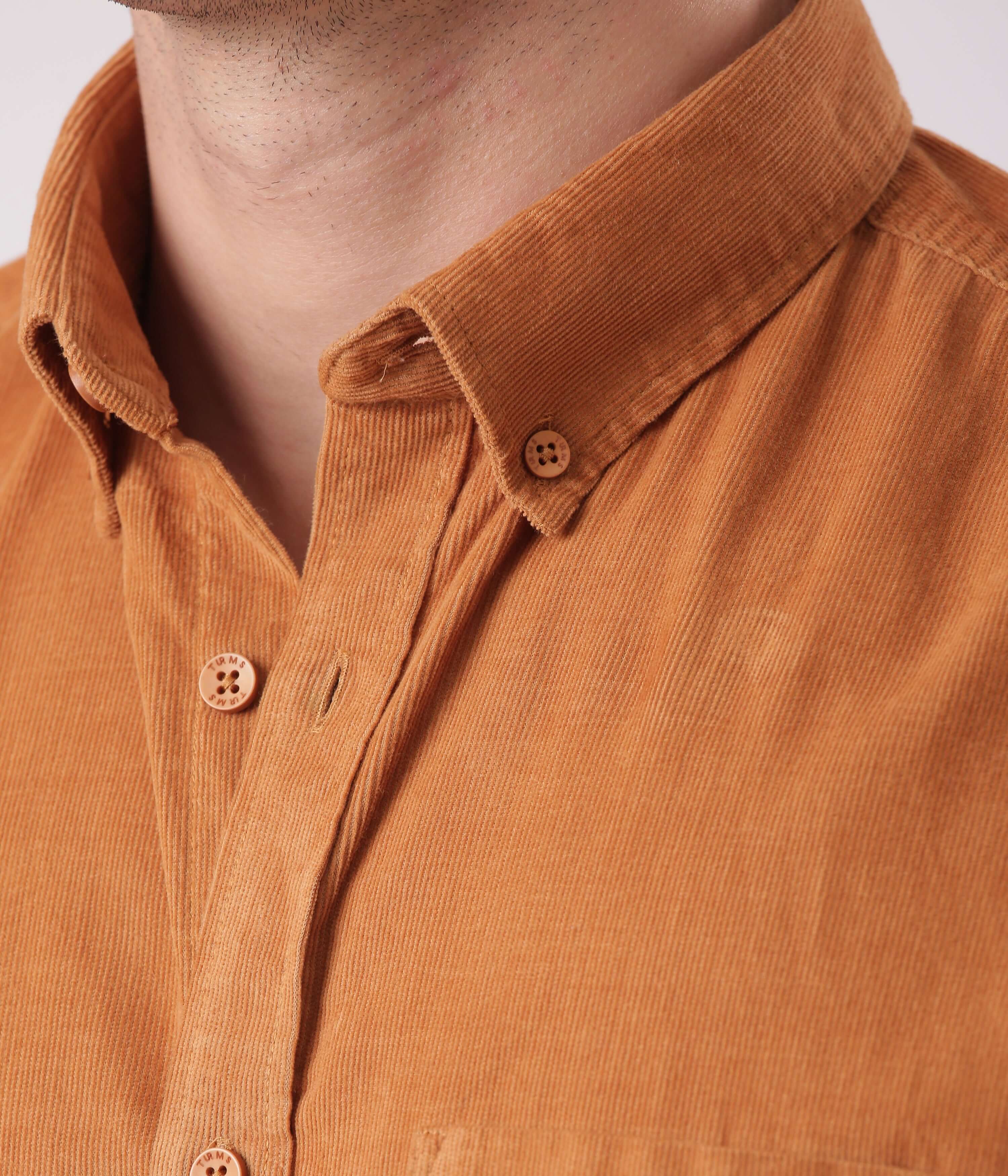 Brown Toffee corduroy shirt showcasing quality stitching and a stylish collar for men.