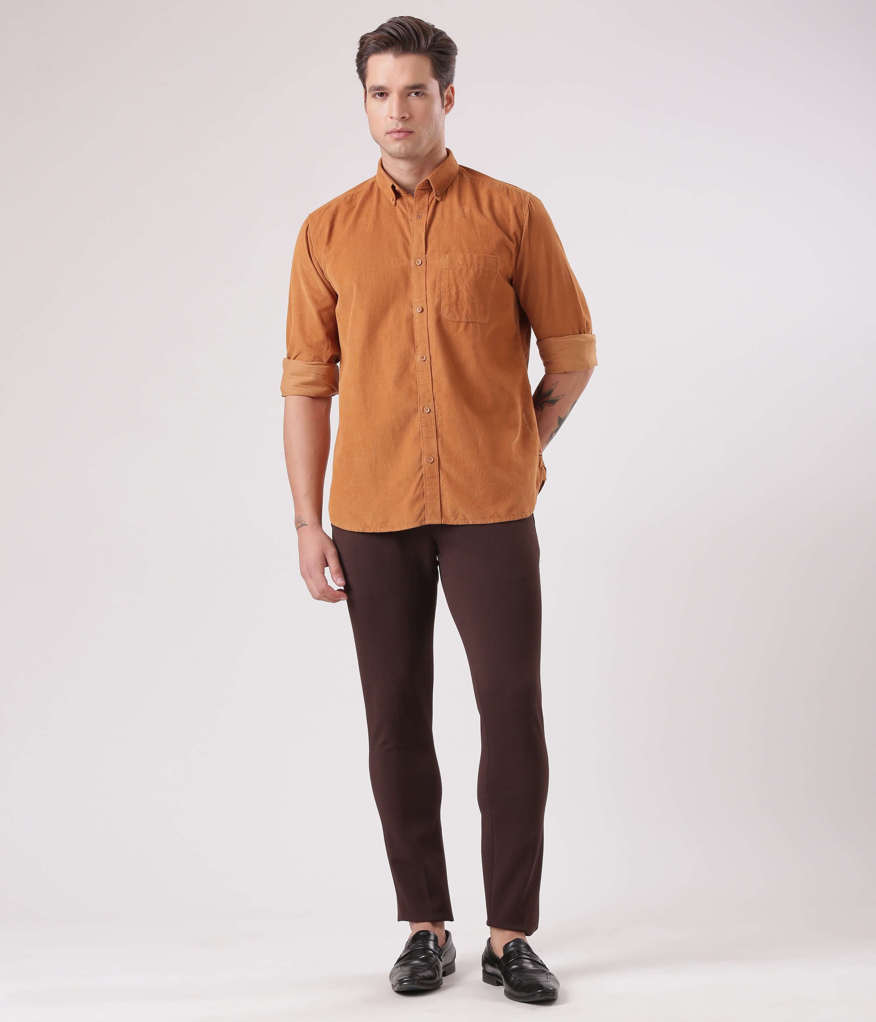 Brown Toffee corduroy shirt with waterproof Turms intelligent apparel for men in India online.