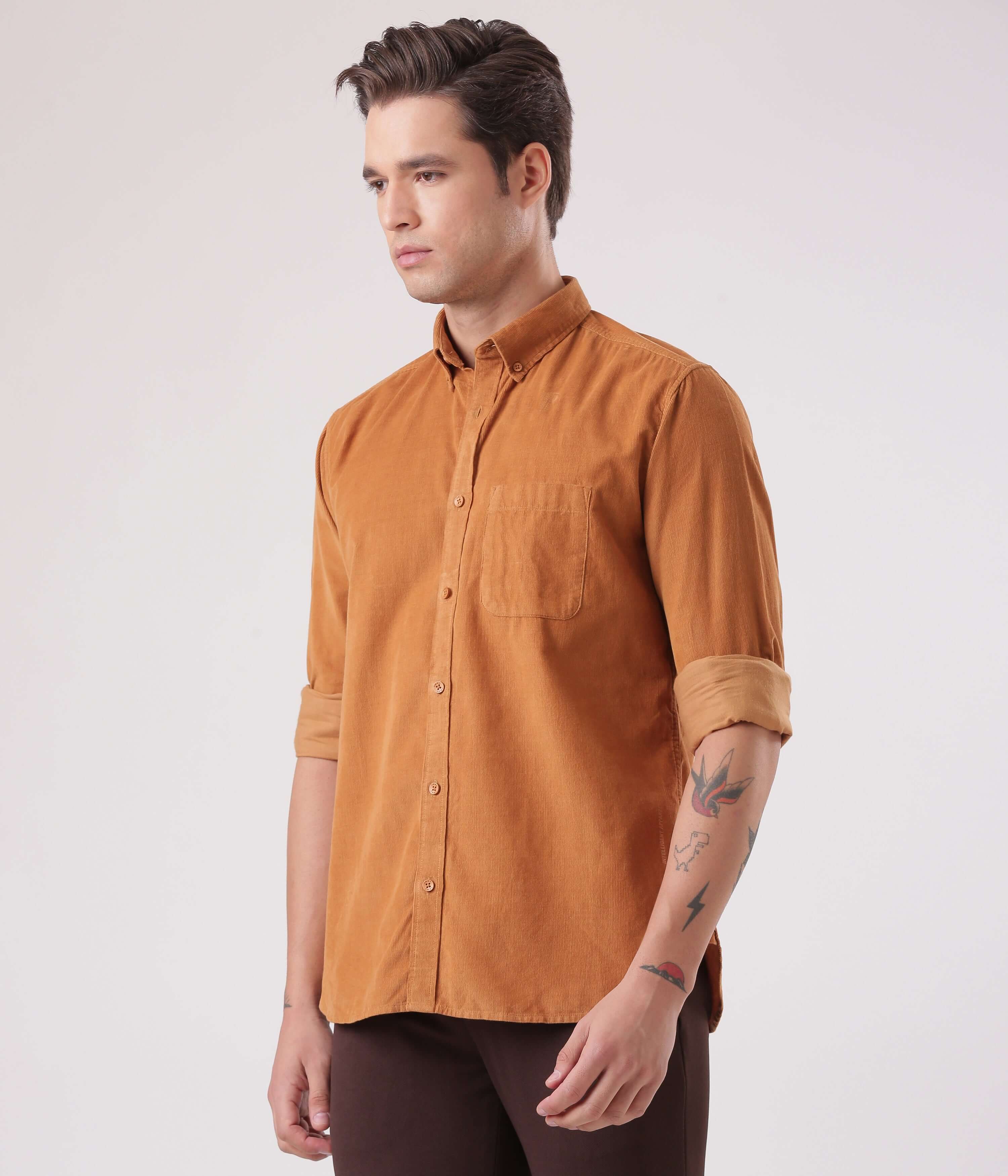 Brown Toffee corduroy shirt showcasing stylish design, perfect for everyday luxury in men's fashion.